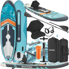 tectake Tabla de Paddle Surf Hinchable, Incluye Remo 2 en 1, Asiento de Kayak, Bomba de Aire, Mochila de Transporte, Stand Up Paddle, Accesorios