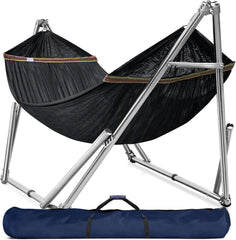 Double hammock with frame, with a load capacity of 650 pounds, double hammock with support rods, made of high-quality 201 stainless steel, assembled in 30 seconds, sturdy and flexible portable hammock frame, suitable for outdoor and indoor use, black
