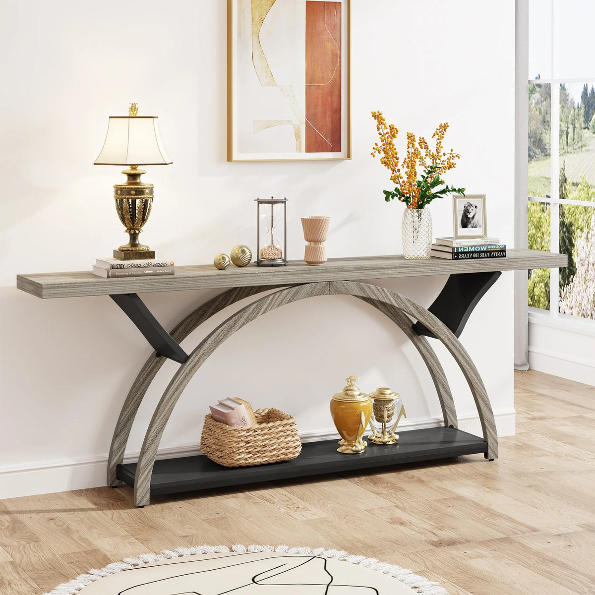 Gray 2-Tier Slim Console Sofa Table, Semi-Circular Metal Frame for Hallway