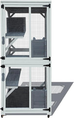 62.6-inch wooden outdoor cat house, large cat cage room, equipped with 7 platforms, 2 rest boxes and a rainproof roof, suitable for multiple pets to use. Step-in cat apartment shelter, white model