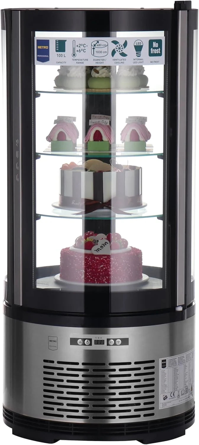 METRO Professional Kuchen-Vitrine GRV1100, Gastro, Edelstahl/Glas, 100 L, Umluftkühlung, 490W, Temperaturanzeige, automatisches Abtauen, rund, silber,