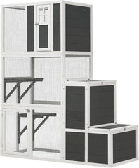 62.6-inch wooden outdoor cat house, large cat cage room, equipped with 7 platforms, 2 rest boxes and a rainproof roof, suitable for multiple pets to use. Step-in cat apartment shelter, white model
