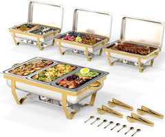 4 Pack Stainless Steel Chafing Dishes for Buffet, 9 QT Capacity 7 Pans Food Warmers for Parties, Weddings, Events Hosting, Family Gatherings, Full Set Catering Server with Serving Utensils Accessories