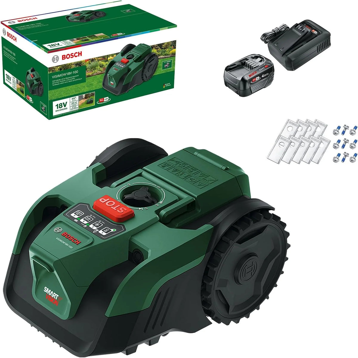 Akku-Mähroboter VISIMOW18V-100 (für Rasenflächen bis 100 m², Schnittbreite: 16 cm, Schnitthöhe: 20-60 mm, mit Ersatzmessern, inkl. Akku und Ladegerät)