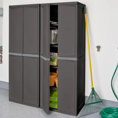 Storage Cabinet, Rugged Plastic Garage Organizer with Double Doors, 4 Adjustable Shelves, Gray