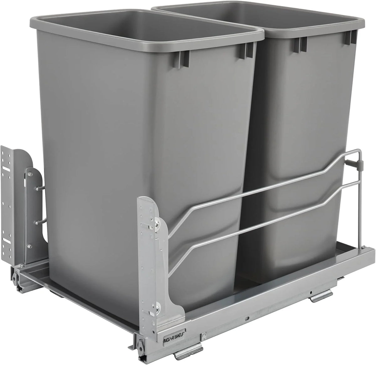A double pull-out trash can suitable for the bottom of kitchen cabinets, with a capacity of 35 ounces (approximately 0.875 gallons), equipped with a gentle closing sliding mechanism, and in the color of Orison Gray.