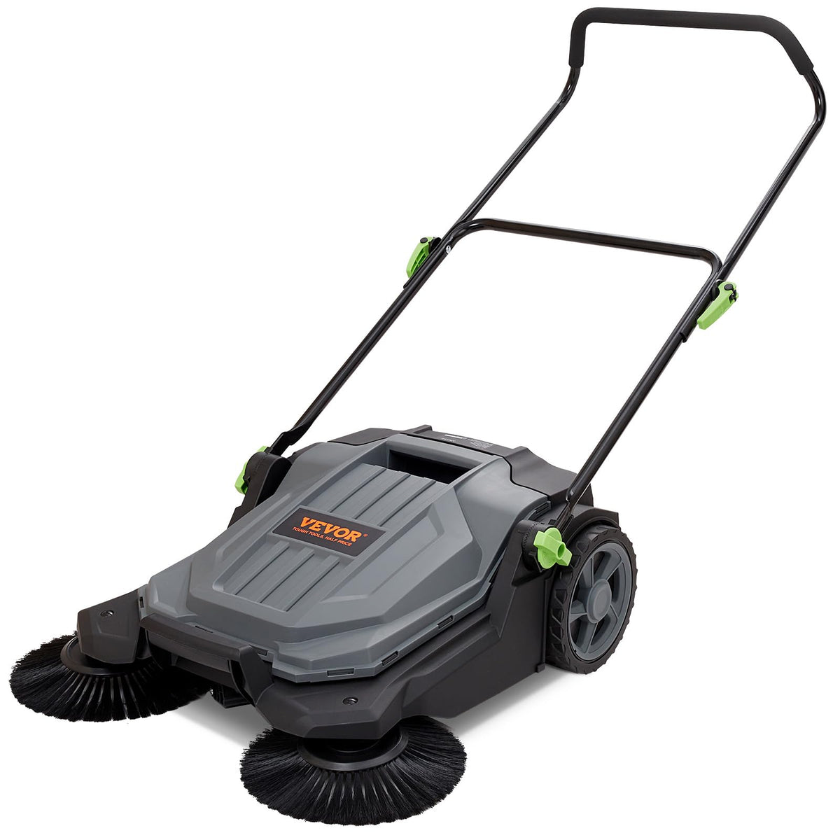 Walk-Behind Hand Push Floor Sweeper, 5-Gallon Waste Container, Manual Outdoor Sweeping Machine