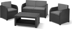 Allibert by Keter Modena Gartenmöbel Set aus Kunststoff, inkl. Sitzkissen, grau, 4-teilig, 2 Sessel, Sofa & Tisch, für Garten, Balkon & Terrasse,