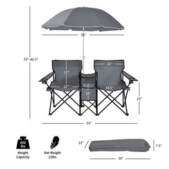 Double Folding Picnic Chairs with Umbrella �� Mini Table & Beverage Holder Included