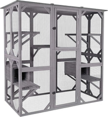 Katzenhaus Outdoor Catio Kitty Gehege mit super großer Eingangstür, Holz-Katzenkäfig Condo Indoor-Laufstall mit Plattformen und kleinem Haus