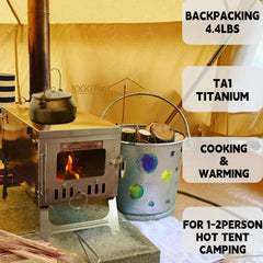 Titanium alloy tent wood stove for camping, 2 kilograms, foldable, lightweight and compact portable heat tent stove, comes with a 2.2-meter chimney, suitable for winter backpacking camping.