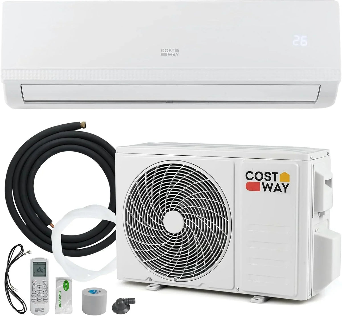 COSTWAY Aire Acondicionado Split, 2,6 kW, Aire Acondicionado con Calefacción con Bomba de Calor,Refrigerante: R32, Calefactor y Refrigerador con Kit