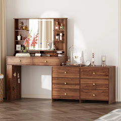 Makeup Vanity Desk with Mirror and Lights, Vanity Desk with 8 Drawers & Storage Shelves, Vanity Table with Power Outlet, 3 Color Modes & Adjustable Brightness Dressing Table, Bedroom,White2