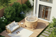 Holz Badefass Bergen, Hot Tub Ø 160 x 110 cm, inkl. Edelstahl-Ofen 22 kW und Einstiegsleiter, 3-4 Personen, Schwimmbecken, Badebottich, Sprudelbad