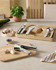 Kitchen Tool Set - Five-piece essential kitchen items - Made of stainless steel - Includes can opener, pizza cutter, garlic press, ice cream scoop, vegetable peeler and storage organizer box