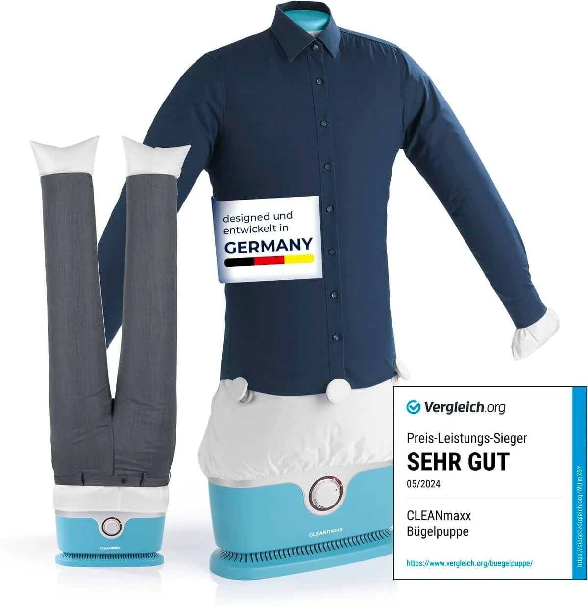 CLEANmaxx automatischer Hemdenbügler inklusive Hosenaufsatz | Bügler für Hemden, Blusen & Hosen, schonender als Wäschetrockner und Bügeleisen |