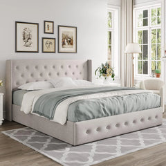 Queen Size Lift Up Storage Bed, Modern Wingback Headboard, Hydraulic Support, No Box Spring Needed, Light Beige