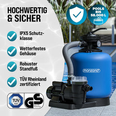 MONZANA Sandfilteranlage 13.200L/h bis 58.000L Pool Vorfilter 7-Wege-Ventil 600W 30L Tank 2in1 Adapter Ø32-38mm Filteranlage Poolfilter Sandfilter