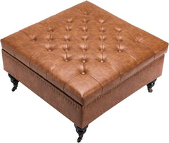 Square leather footstool with storage function, coffee table-style footstool with soft padded raised buttons, equipped with wheels, polyurethane leather high-density sponge, suitable for living room, dormitory, bedroom, in brown color scheme.