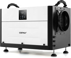Commercial dehumidifier, suitable for 1300 square feet of basements, warehouses or work sites, equipped with a 9.8-foot drainage pipe and a wired remote control panel, white model.