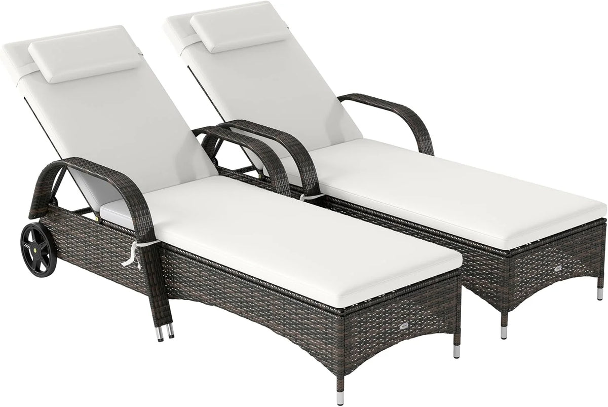 Wicker Outdoor Chaise Lounge, 5-Level Adjustable Backrest PE Rattan Pool Lounge Chair with Wheels, Cushion & Headrest, Brown and Dark Blue