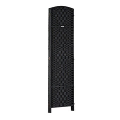 6 Ft Tall Four-Panel Wicker Weave Room Divider, Black Wood Privacy Screen
