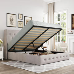 Queen Size Lift Up Storage Bed, Modern Wingback Headboard, Hydraulic Support, No Box Spring Needed, Light Beige
