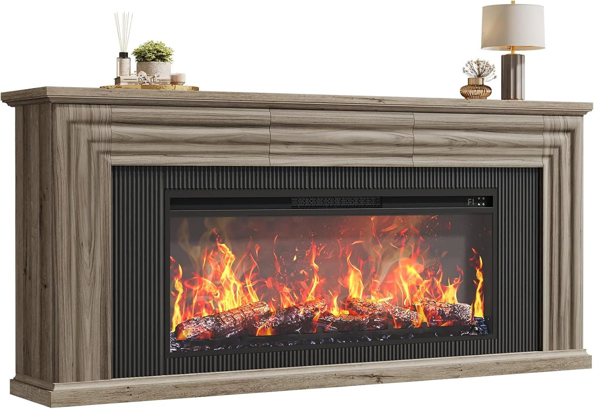 75-inch wall-mounted TV cabinet, rustic modern entertainment center with fireplace, 70-inch media cabinet with 3 drawers, featuring a recessed design, suitable for the living room, black version