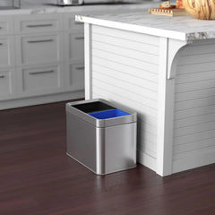 16-gallon contact-free trash and recycling bins, made of stainless steel, with a double compartment design (each compartment holds 8 gallons), suitable for recycling and waste disposal in the kitchen.