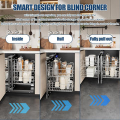 36" Blind Corner Pull Out Organizer,2 Tier 4 Shelf Kitchen Cabinet Organizer, Chrome Carbon Steel Storage Basket, Left Open & Right Open Compatible,for Blind Corner Kitchen or Bathroom Cabinet