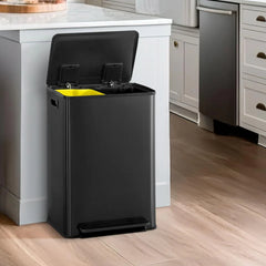 CAPHAUS Dual Trash Can with Double Lid, Trash and Recycle Bins Combo, Hands-free Stainless-Steel Garbage Can for Kitchen, with 2 Compartment, Hinged Lid, Odor Filters, Handles, 25L+25L, 2 x 6.6 Gallon