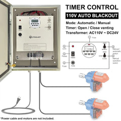 Electrically controlled timer for greenhouse roller shutters (for ventilation) uses an AC 110V to DC 24V transformer for timing control, enabling the opening or closing of the side top curtains of the greenhouse薄膜.