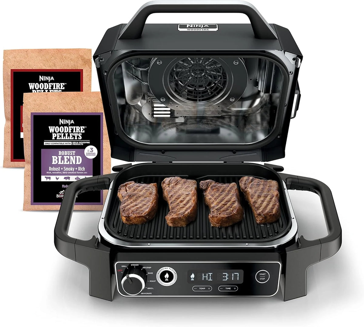 The wood-fire professional outdoor grill is equipped with an internal thermometer. It is a 7-in-one multi-functional grill, a barbecue smoker, an outdoor air fryer, featuring baking, roasting, dehydrating and grilling functions. It adopts the wood-fi