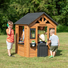 Children's playhouse cabin, equipped with a game kitchen, snack bar, half-door, toy phone, windows, flower pot stand and an operable doorbell, suitable for creative outdoor games.