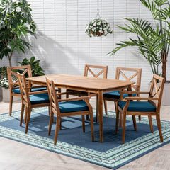 7-piece cherry wood dining set, teak surface / blue