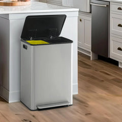 CAPHAUS Dual Trash Can with Double Lid, Trash and Recycle Bins Combo, Hands-free Stainless-Steel Garbage Can for Kitchen, with 2 Compartment, Hinged Lid, Odor Filters, Handles, 25L+25L, 2 x 6.6 Gallon