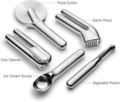 Kitchen Tool Set - Five-piece essential kitchen items - Made of stainless steel - Includes can opener, pizza cutter, garlic press, ice cream scoop, vegetable peeler and storage organizer box