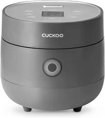 Electric rice cooker with 6-cup capacity (uncooked) / 12-cup capacity (cooked), modern fuzzy logic control, featuring timer function and insulation setting, compact model, multi-functional steamer, non-stick inner liner, gray exterior.