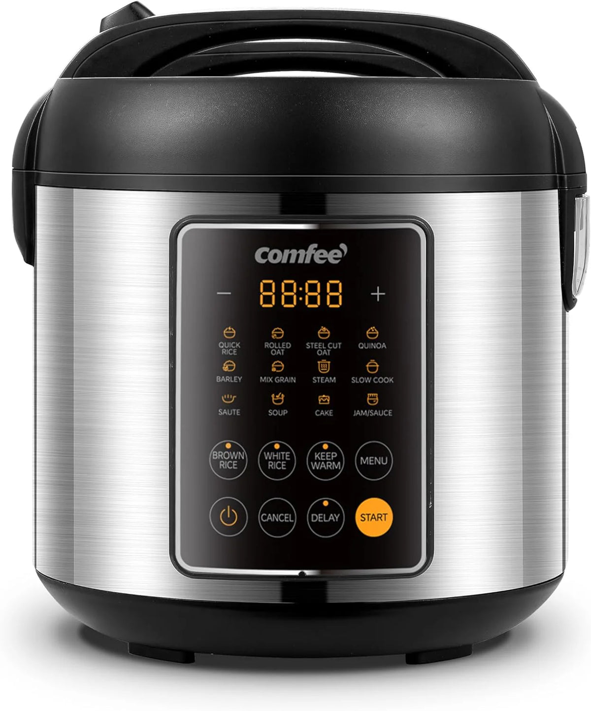 Compact electric rice cooker, 6-in-1 stainless steel multi-functional cooking utensil, slow cooker, steamer, frying pan, heater and warmer, 2-gallon capacity (8 cups cooked, 4 cups uncooked), suitable for brown rice, quinoa and oats, 6 one-button pro