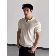 Men's Ribbed Knit Open Collar Short Sleeve Polo Shirt