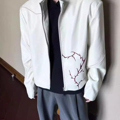 Men's Embroidered Faux Leather Shoulder Pad Jacket