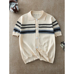 Men's Geometric Jacquard Short Sleeve Button-Front Knit Polo Shirt