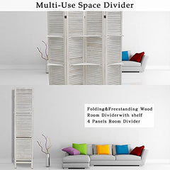 ECOMEX Room Divider 4 Panel, White with Shelves, Wall Dividers and Folding Privacy Screens
