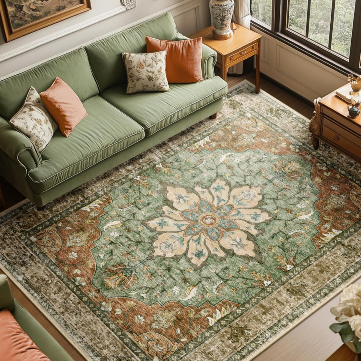 8x10 Washable Floral Medallion Area Rug, Non-Slip Decorative Floor Rug for Living Room, Bedroom and Home