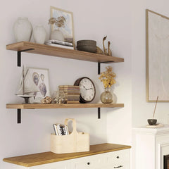 60 Inch Rustic Floating Wall Shelves, 2 Piece Burnt Wood Display and Storage Shelves