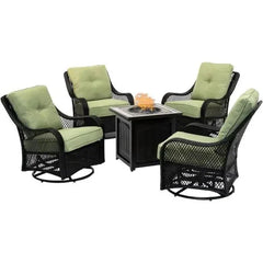 5-Piece Steel Patio Fire Pit Conversation Set with Navy Blue Cushions, Swivel Gliders and Square Fire Pit Table