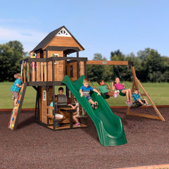Backyard Discovery Canyon Creek Cedar Wood Swing Set with Wave Slide, Clubhouse, Play Kitchen, Picnic Area, Belt Swings, Web Swing, Rock Wall,