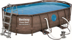 BESTWAY - Piscina Desmontable Tubular Power Steel 427x250x100 cm Depuradora Cartucho 2.006 l/h Escalera y Cobertor Diseño Rattan