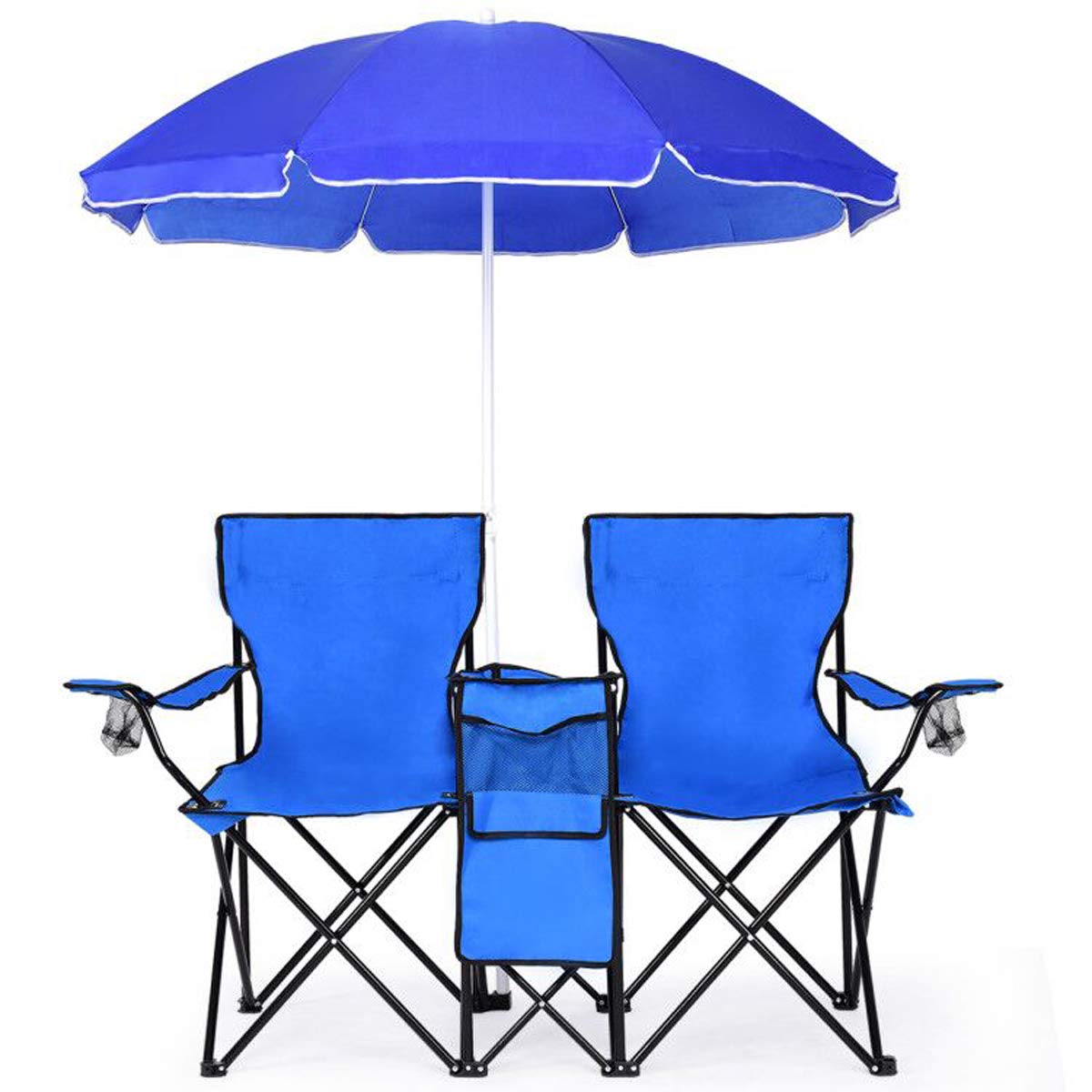 Double Folding Picnic Chairs with Umbrella �� Mini Table & Beverage Holder Included