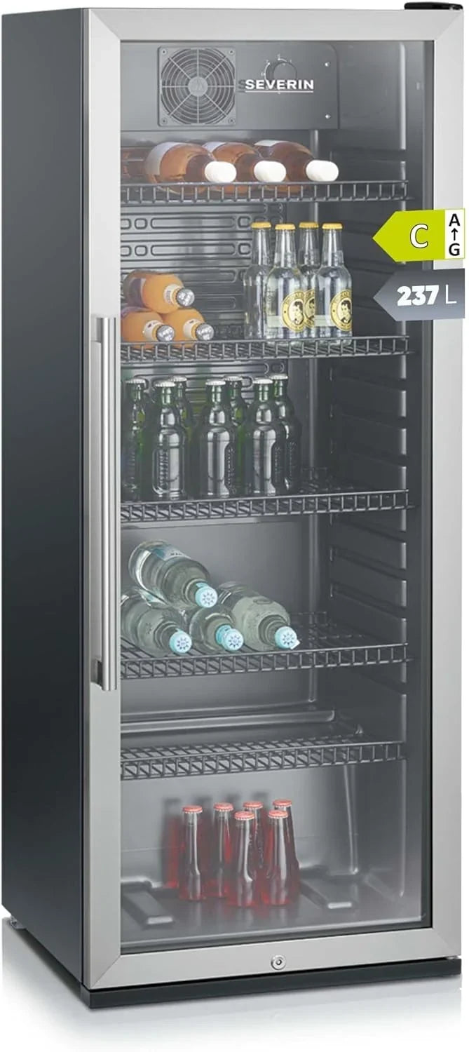 SEVERIN Flaschenkühlschrank, mit integriertem Schloss und integrierter LED-Beleuchtung, 118 L Nutzinhalt, schwarz/silber, FSK 8840